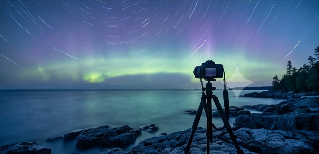 A camera on a tripod on a rocky Lake Superior shoreline at night under a green and violet aurora