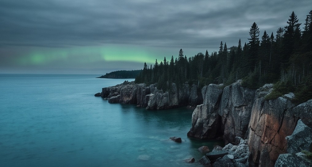 Rugged granite cliffs along the Lake Superior coastline in Northern Ontario at dusk