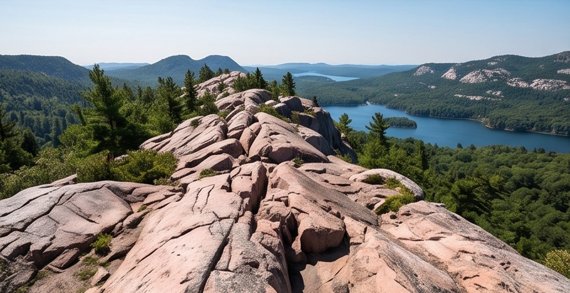 Pink Canadian Shield granite along Killarney Provincial Park's Crack Trail overlooking the La Cloche Hills
