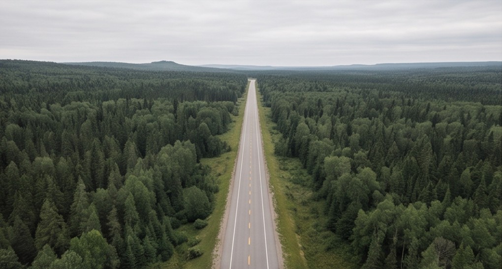 A lone two-lane highway cutting through vast, empty boreal forest in Northern Ontario