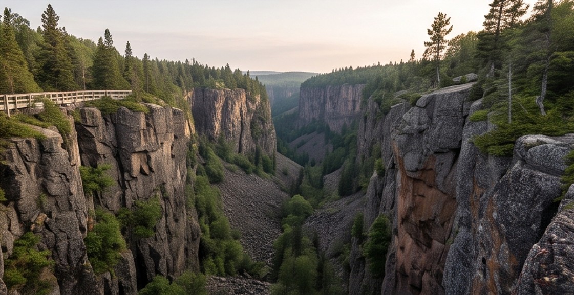 View down into the 100-metre-deep Ouimet Canyon from its boardwalk lookout in Northern Ontario